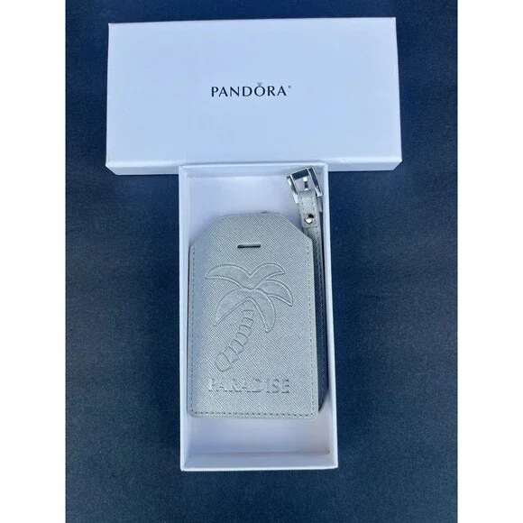 Rare PANDORA Caribbean Exclusive PARADISE silver luggage travel tag Palm TreeNIB