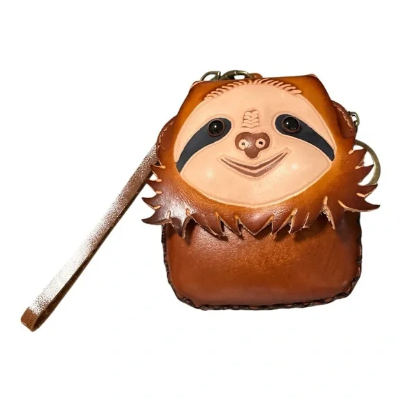 🦥 Genuine Leather Sloth Coin Purse | Brown Wristlet & Keychain