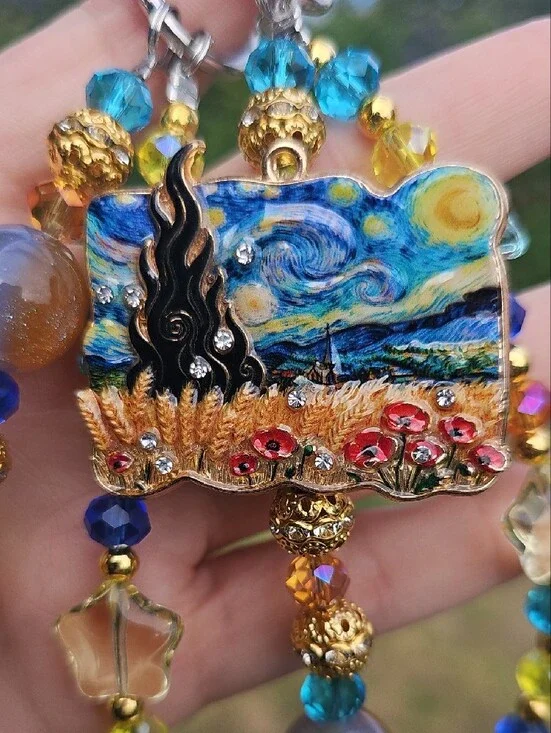 Handmade Beaded Keychain with Starry Night Van G. Landscape Charm - Blue & Gold