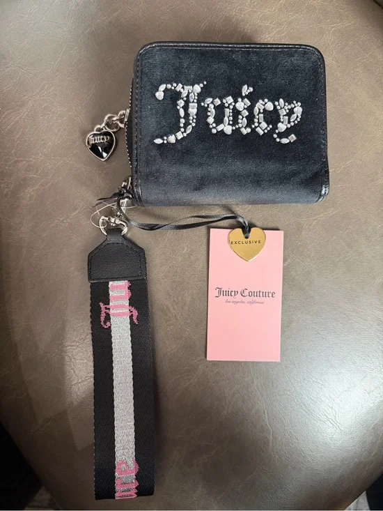 Juicy Couture Black Velour Crystal Logo Card Holder with Strap