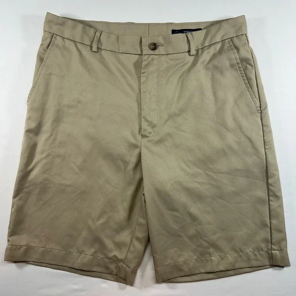Greg Norman Mens Khaki Golf Shorts Size 34 Tan Flat Front Performance Polyester