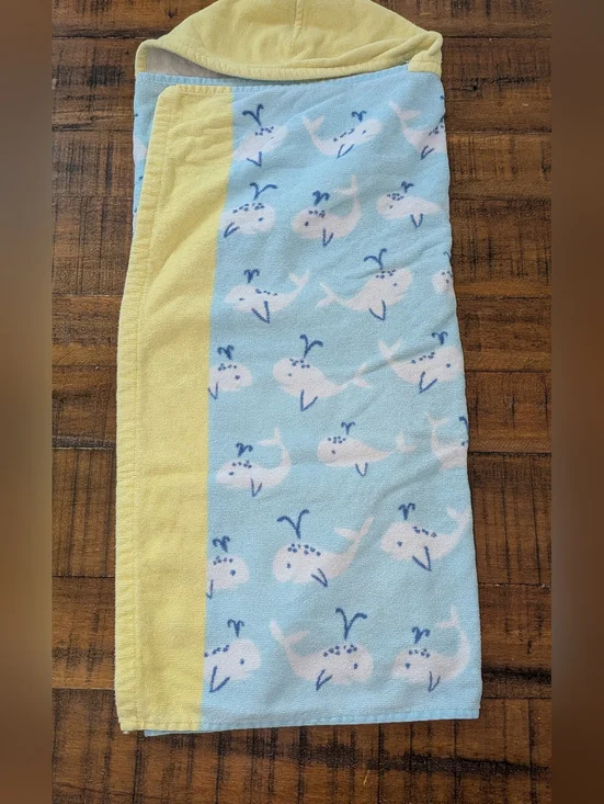 Pottery Barn Kids Blue & Yellow Hooded Infant Towel, Whales Print