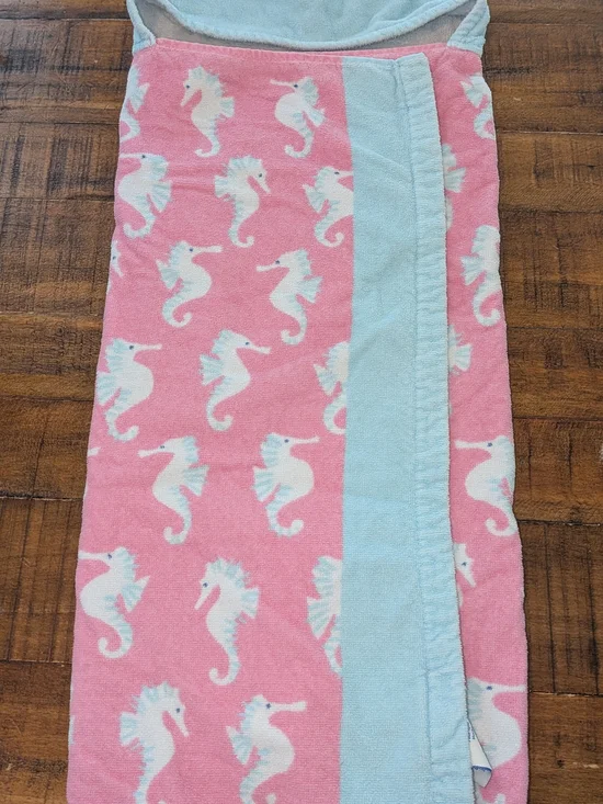 Pottery Barn Kids Infant Pink Hooded Towel with Light Blue Seahorse Print, Hood