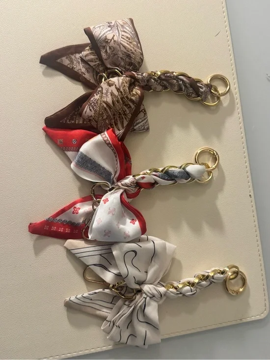 Silk Scarf Chain bag charms,Keychains - Set of 3 (Brown, Red, Cream)