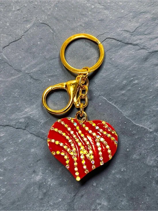 Gold-Tone Keyring with Red Crystal-Embellished Heart Charm NWT