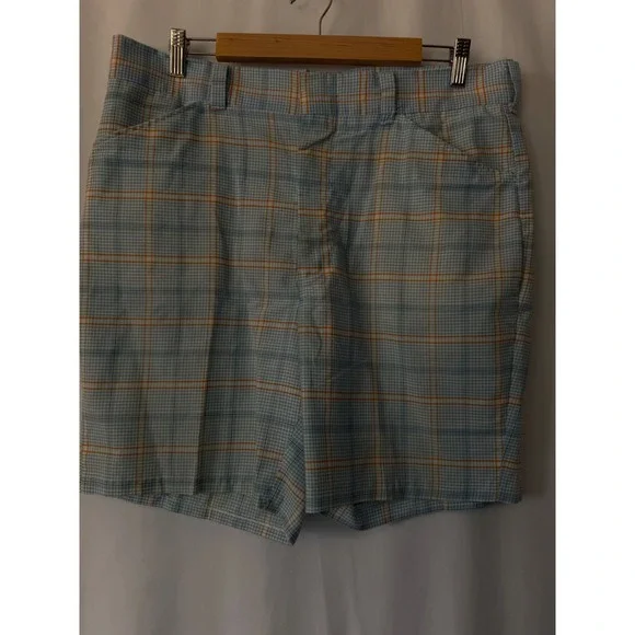 Vintage Permanent Press Plaid Shorts Mens 35 Blue Orange Check Retro Golf 70s