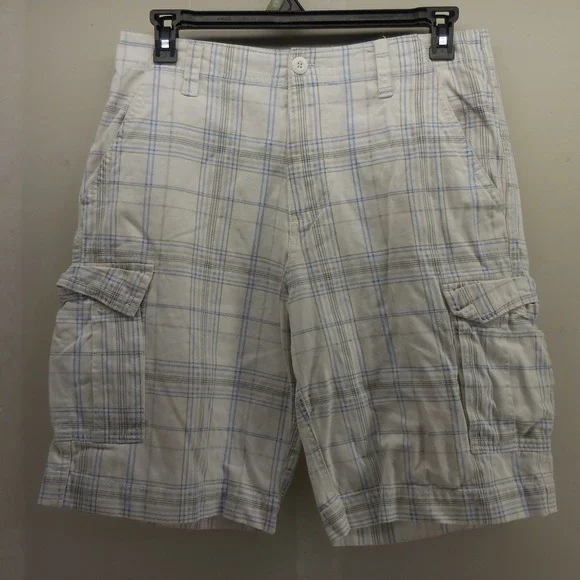 Plugg Mens Plaid Cargo Shorts White Blue Grey Cotton Size 32 Utility Casual