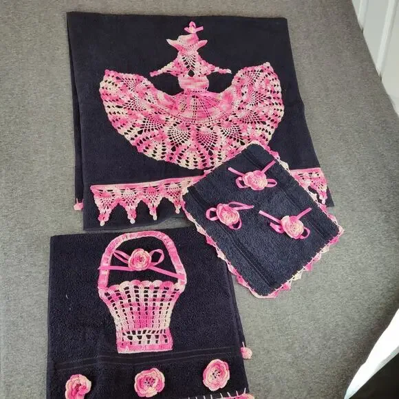 Vintage Lady Pepperell Towel Pink On Black Bath Set Crochet Crinoline Lady