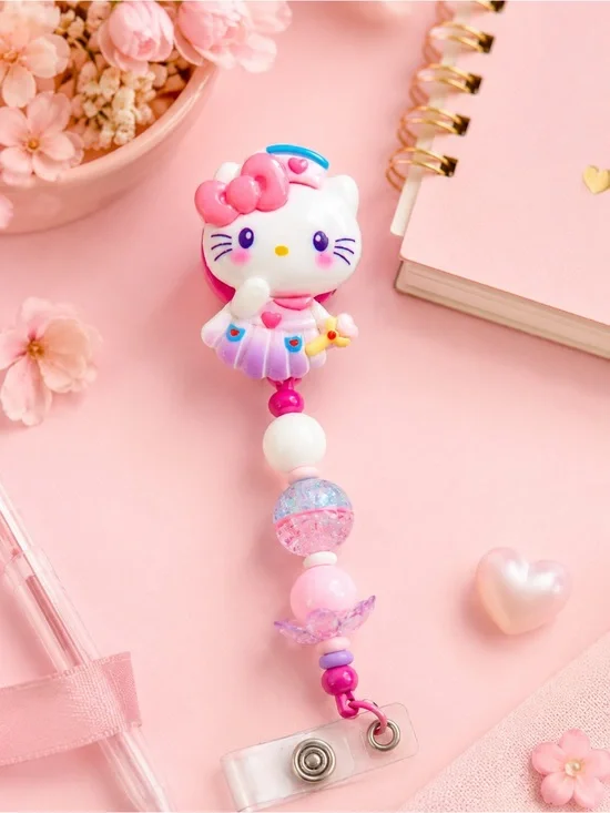 Pink Kitty Beaded Badge Reel - Cute Hello Kitty Style ID Holder Handmade - Nurse