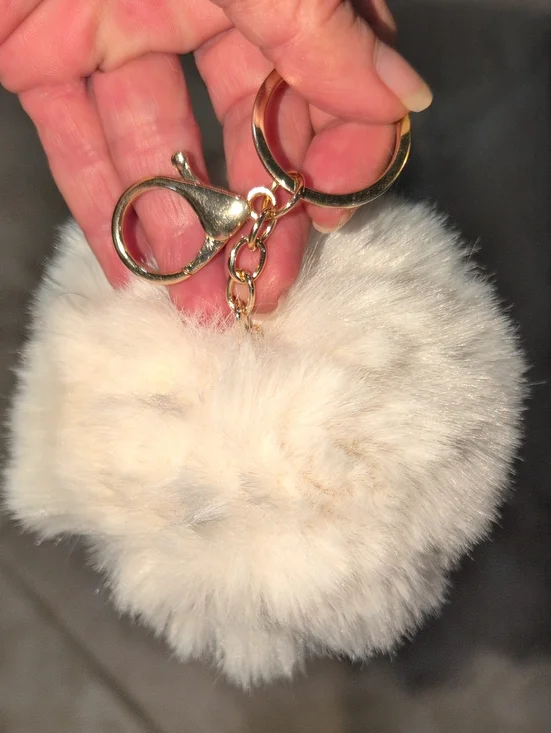 Plush Cream Fur Pom Pom Keychain with Gold Hardware