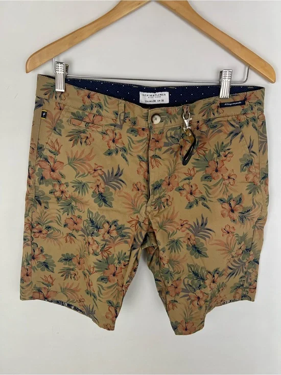 Denim & Flower Men's Tan Floral Chino Shorts with Green & Orange Print