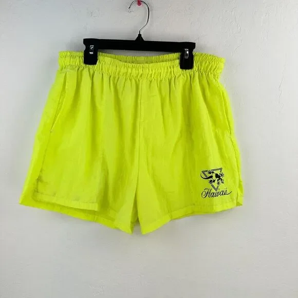 Vintage Shorts Mens L‎ Neon Yellow Elastic Athleisure Volleyball Hawaii USA made