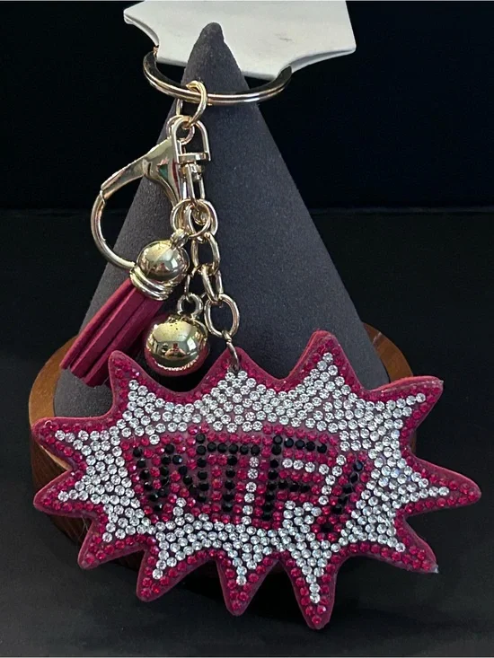 Red, Clear & Black Rhinestone 'WTF' Burst 💥 Bag Charm Keychain w/Gold Hardware