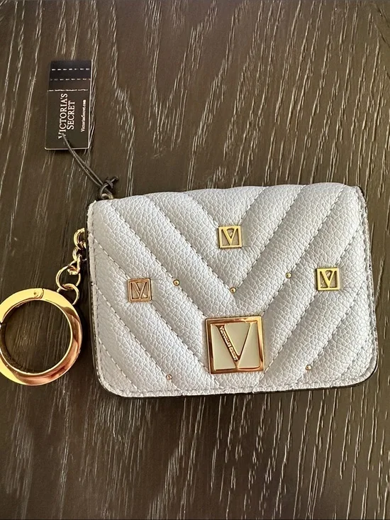 Victoria's Secret White Quilted Card Holder Keychain with Gold Hardware