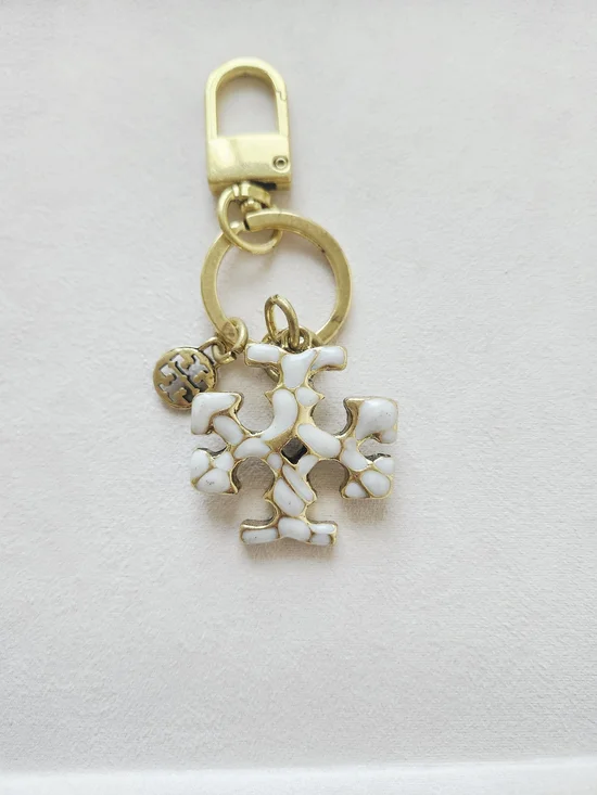 Tory Burch Gold Tone Logo Bag Charm Keychain Ivory Enamel