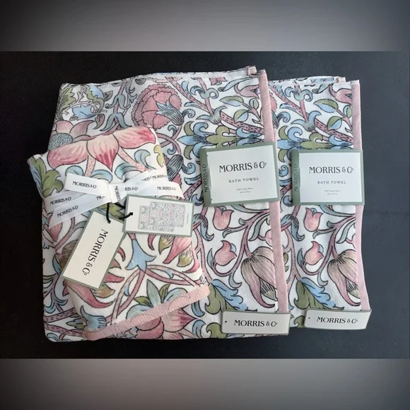NWT Morris & Co. 4pc Pink Blue Lodden Floral Velour Bath & Hand Towel Set