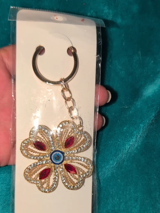 Gold Floral Evil Eye Keychain with Red  And Crystal Accents