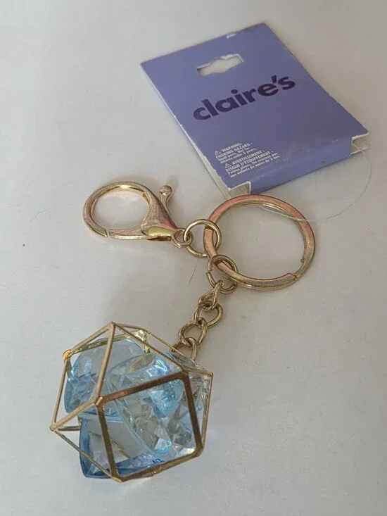 Claire's Gold Keychain with Blue Crystal Cube