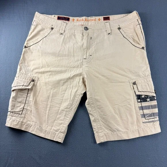 Rock Revival Cargo Shorts Men's 44 (Fits 48) Beige American Flag Streetwear Y2K