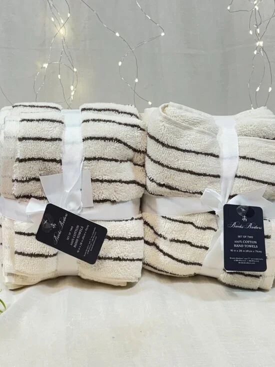4pc BROOKS BROTHERS Premium Turkish Towel Set Striped Ivory & Dark Brown 700 Gsm