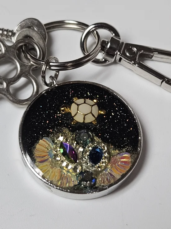 Handcrafted Black Glitter Turtle Keychain Card Holder Accent
