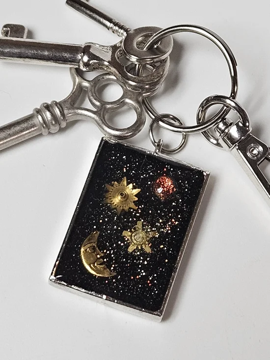 Celestial Moon & Sun Black Glitter Keychain Card Holder