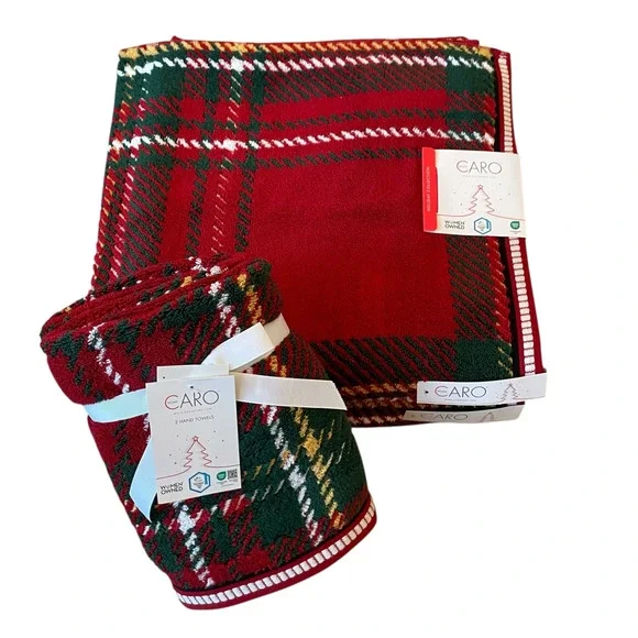 4pc Caro Home Holiday RED TARTAN Cotton 2 Bath 2 Hand Towel Set Christmas NEW