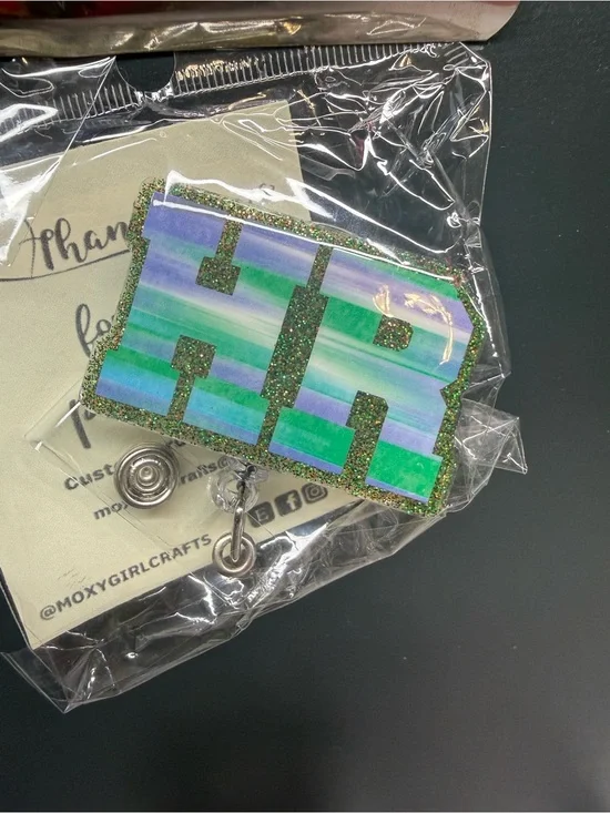Human Resources Sparkle 'HR' Badge Reel in Blue-Green Ombre