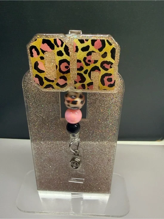 OR Leopard Print Badge Reel with Pink and Black Beads