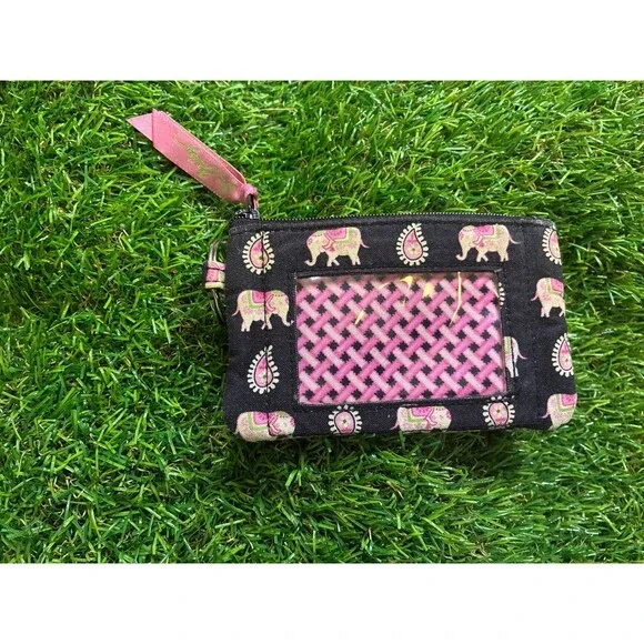 Vera Bradley ID Zip Wallet Card Holder Key Ring Elephant Paisley Black Pink