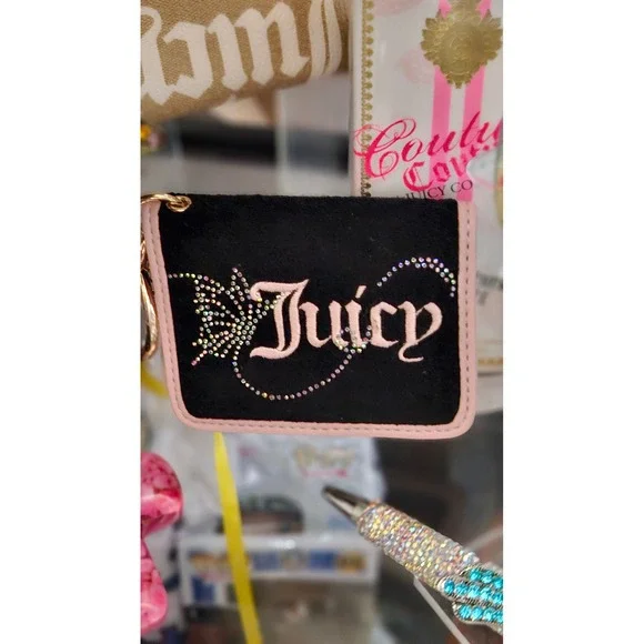 Juicy Couture Velour Coin Purse Black Pink Rhinestone Butterfly Keychain Wallet