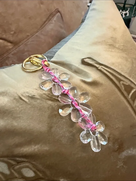 Clear Crystal Flower Keychain with Pink Cord