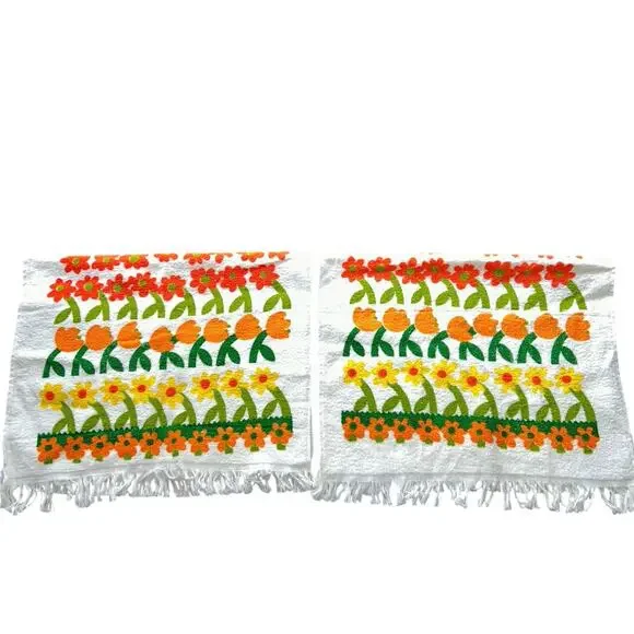 2 NOS vintage floral towels 1970s orange yellow green flower fringe edges retro