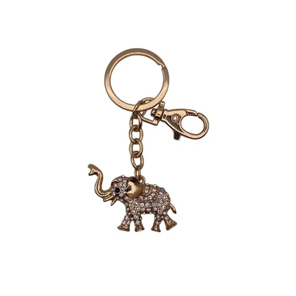 Gold Rhinestone Elephant Keychain Lucky Charm Bag Clip Accessory Clear Crystal