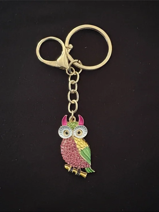Beautiful Pink Green Gold Owl Keychain Bag Charm