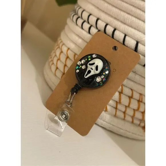 Scream Horror Ghost Face Black and Rhinestone WORK badge Reel