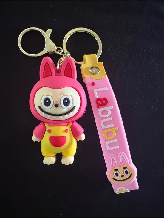 Pink & Yellow Labubu Keychain Bag Charm With Strap
