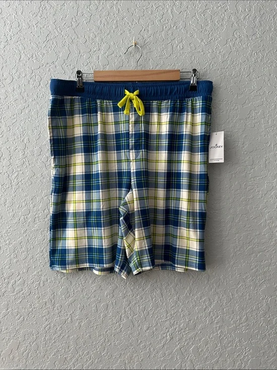Jockey Blue White and Lime Plaid Lounge Shorts with Yellow Drawstring