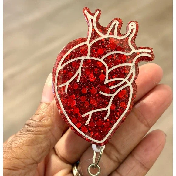Anatomical Heart Badge Reel Red Glitter Retractable ID Holder Nurse Medical Gift