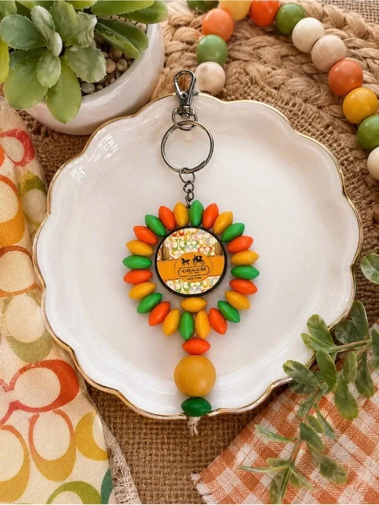 Inspired Orange Green Yellow Beaded Sunburst Keychain