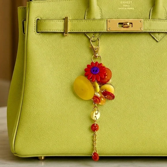 Colorful Button Bag Charm Smiley Flower Keychain Gold Tone Accessory Yellow Red