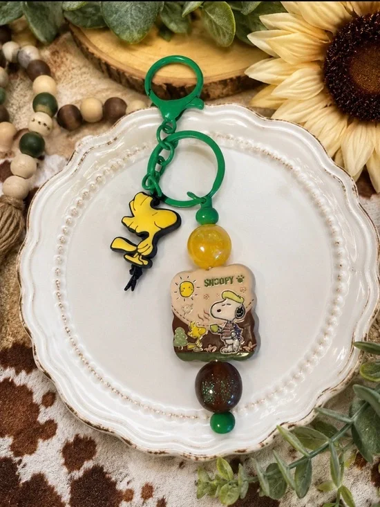 Hand Crafted Snoopy & Woodstock Green Yellow Brown Keychain