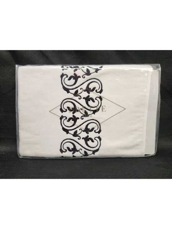 Frette Medallion Embroidery Hand Towel 24 in x 43 in Milk Black Cotton NEW!