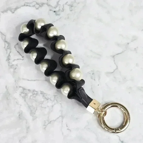 Black Faux Leather Pearl Accent Circle Clip Hook Wristlet‎ Keychain