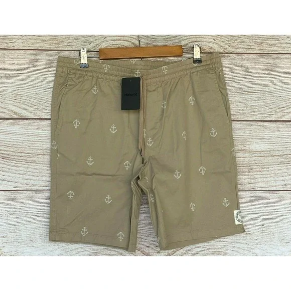 Hurley Twill Shorts Mens Large Island Fossil Anchor Elastic Waist Shorts New