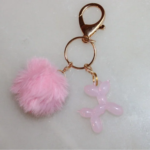 Bag Charm Pom Pom & Balloon Dog Keychain Pink with Gold Hardware