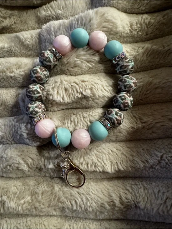 Handmade Pink & Aqua Bead Stretch Bracelet with Patterned Accents