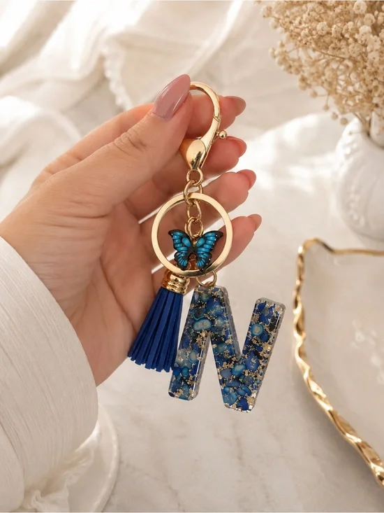 Blue Butterfly N Initial Keychain with Tassel - Gold Hardware