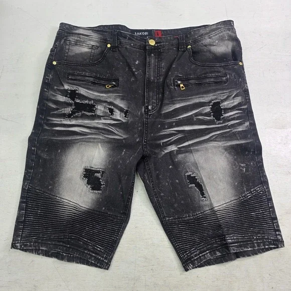 Makobi Biker Shorts Men's Size 44 Black Acid Wash Distressed Moto Streetwear Y2K