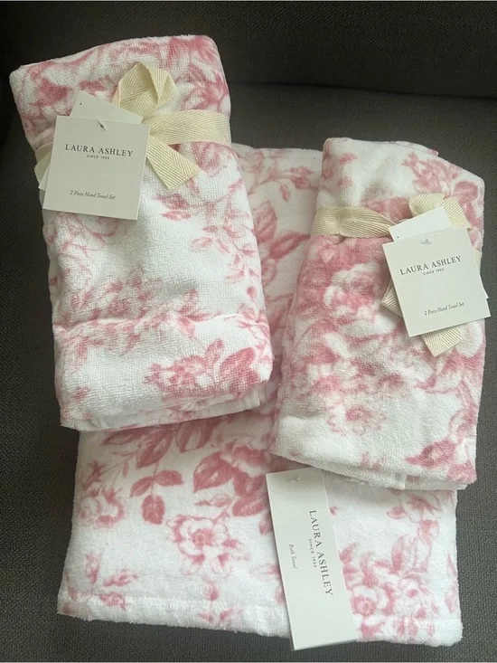 6pc Laura Ashley Pink Toile Floral Bath Towel Set